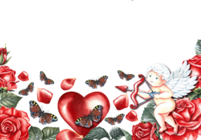 une bannière Cadre avec rouge des roses et une Cupidon avec une arc. dessiné à la main aquarelle illustration. une salutation carte pour les amoureux, pour la Saint-Valentin journée et mariage. aussi adapté pour emballage, affiches et dépliants. png