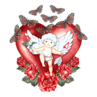 Cute little cupid on the background of a red heart with roses and butterflies. Hand-drawn watercolor illustration. For lovers, Valentine's day and weddings. For posters, greeting cards, prints. png