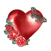 en röd vattenfärg hjärta dekorerad med ro och en fjäril. ritad för hand vattenfärg illustration. en design element av en hjärtans dag vykort, en bröllop inbjudan. för förpackning och etiketter, posters png