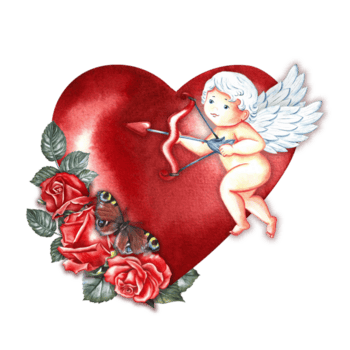 A cute little cupid with an arrow and a rose on the background of a red heart. Hand-drawn watercolor illustration. For Valentine's Day and wedding. For packaging, posters, greeting card. For printing. png