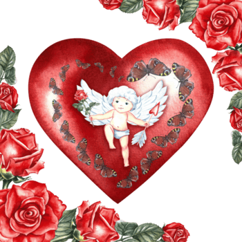 A postcard with a cute little cupid on the background of a red heart with roses and butterflies. Hand-drawn watercolor illustration. For Valentine's day and weddings. For poster, greeting card, print. png