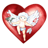 A cute little cupid with an arrow and a rose on the background of a red heart. Hand-drawn watercolor illustration. For Valentine's Day and wedding. For packaging, posters, greeting card. For printing. png