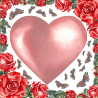 en hjärtans dag eller bröllop kort med röd rosor, fjärilar och en hjärta. ritad för hand vattenfärg illustration. ett element av de design av förpackning och etiketter, posters och flygblad, grafik. png