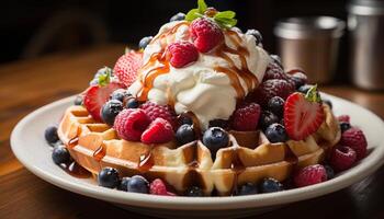 AI generated Fresh berry dessert on wooden plate, irresistible indulgence generated by AI photo