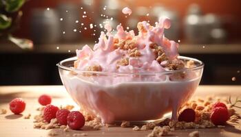 AI generated Freshness and sweetness in a gourmet raspberry dessert generated by AI photo