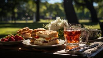 AI generated Freshness and indulgence on a picnic table generated by AI photo