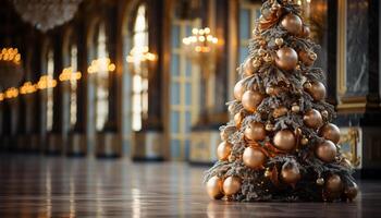 AI generated Christmas tree glowing with shiny ornaments indoors generated by AI photo