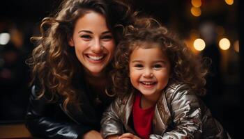 AI generated Smiling mother embraces cute child, radiating happiness generated by AI photo
