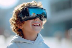 AI generated Boy with Futuristic Vision in VR Glasses, Virtual Reality for Kids photo