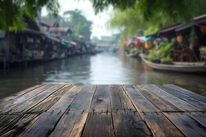 ai generado vacío de madera tablón piso con borroso tradicional flotante mercado escena, cultural encanto foto