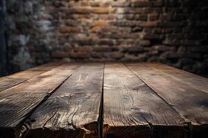 AI generated Empty Plank Wooden Table with Blurry Bunker Tunnel Subterranean Background photo