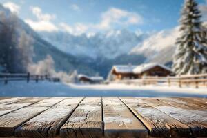 AI generated Scenic Ski Retreat View with Empty Wood Table in Foreground photo