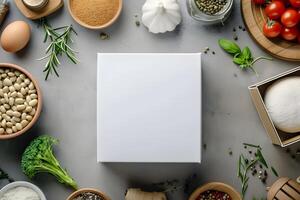 AI generated white square box food packaging mockup background flat lay top view template photo