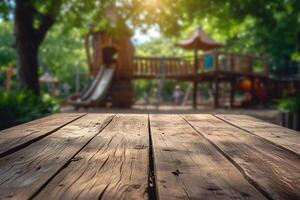 AI generated Wood Table against Blurry Playground, Kid Friendly Escape photo