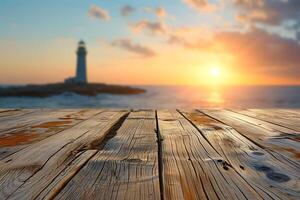 AI generated Empty Table with Coastal Lighthouse Scene Blur Background photo