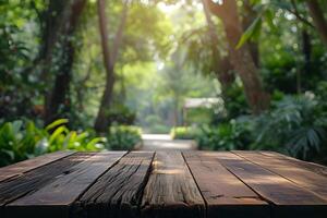 AI generated Empty Wooden Table and Zoo Blurry Background, Nature Encounter photo