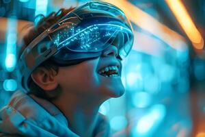 AI generated Boy Dives into Futuristic Realities with VR Glasses photo