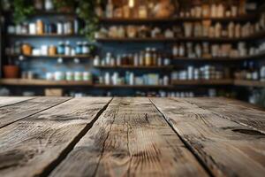 AI generated Wooden Tabletop with Pharmacy Background, Space for Display photo