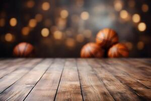 AI generated Wooden Table Setting with Basketball Decor and Room for Text photo