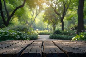 AI generated Empty Wooden Tabletop with Blurred Zoo Backdrop, Wildlife Vibes photo