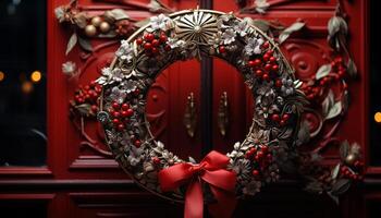 AI generated Winter celebration ornate wreath decorates the wooden door generated by AI photo