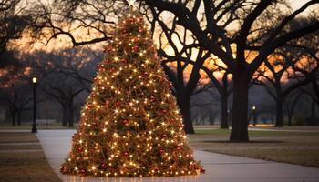 ai generado brillante Navidad árbol ilumina invierno noche celebracion generado por ai foto