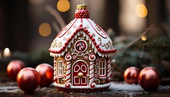 AI generated Homemade gingerbread house, decorated with icing and candy generated by AI photo