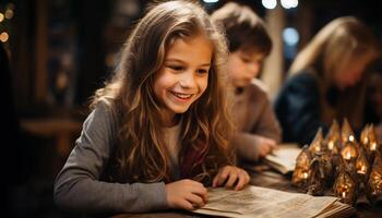 AI generated Smiling girls bonding, reading book, enjoying cheerful childhood generated by AI photo