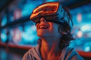 ai generado chico abraza vr lentes para futuro visión, juvenil futurismo foto