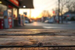 AI generated Empty Wooden Table and Blurred Rustic Pit stop Gas Station Backdrop photo