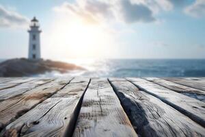 AI generated Empty Wooden Table with Blurry Lighthouse Background, Guiding Light photo