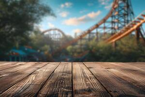 AI generated Wooden Table with Exciting Roller Coaster Background, Park Thrill Ride photo