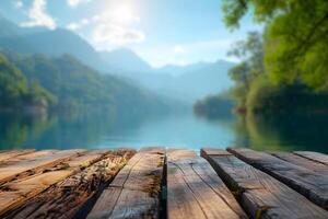 AI generated Rustic Lakeshore Elegance, Empty Wooden Plank and Blurred Lake Scenery Background photo