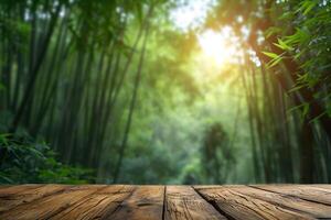 AI generated Empty Wooden Tabletop with Blurry Green Bamboo Grove photo