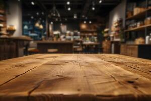 AI generated Empty Wooden Tabletop with Blurred Coffee Shop cafe Interior background photo
