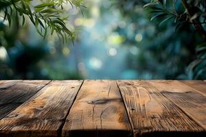AI generated empty wooden table with blurry green leaf  and bokeh light background for product display presentation photo