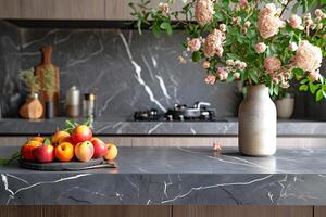 AI generated Marble Stone Counter on Stylish Kitchen Interior photo