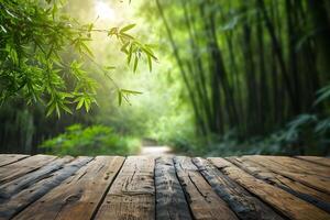 AI generated Wooden Tabletop with Relaxing Bamboo Grove Blur Background photo