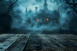 AI generated Wooden Tabletop with Haunted Manor Scene Blur, Dark Fantasy Setting photo