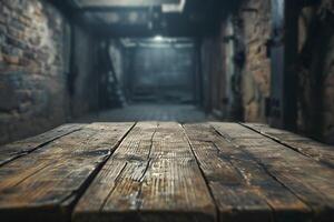 AI generated Wooden Plank Table and Blurry Subterranean Bunker Background, Hidden Depths photo