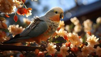 AI generated Vibrant parakeet perching on branch, natural beauty generated by AI photo