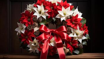 AI generated Winter celebration gift of nature ornate poinsettia wreath generated by AI photo