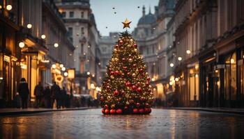 AI generated Illuminated tree decoration brings Christmas celebration to life generated by AI photo
