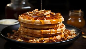 AI generated Stack of pancakes with honey syrup and fruit generated by AI photo