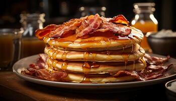 AI generated Stack of homemade pancakes on rustic wooden table generated by AI photo