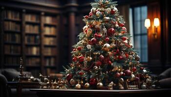 AI generated Christmas tree decoration illuminates cozy living room generated by AI photo