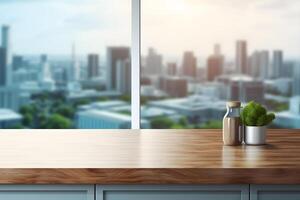 AI generated Empty Table with Urban Scene Blur for Space photo