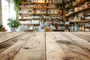 AI generated Rustic Tabletop with Pharmacy Environment background photo