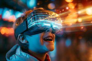 AI generated Boy Ventures into VR Worlds with VR Glasses, Futuristic Adventure photo