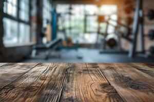 AI generated Wooden Table with Gym Interior Blur Background photo